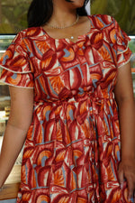 Azure Geometric Rayon Foil Maxi Frock – Double Layer Frill Sleeve Summer Dress with Adjustable Drawstring Waist & Pockets - Lightweight Breathable Fabric Stylish MAXI Frock