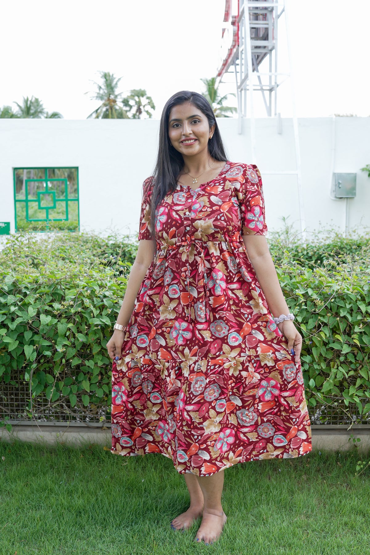 Rayon Colourful Foil Printing Gathering Frock Model Nighties | Side Pocket and Gathering Front Rope | Fancy Sleeve & Maxi Frock Nightwear for Stylish Women's (FGF)