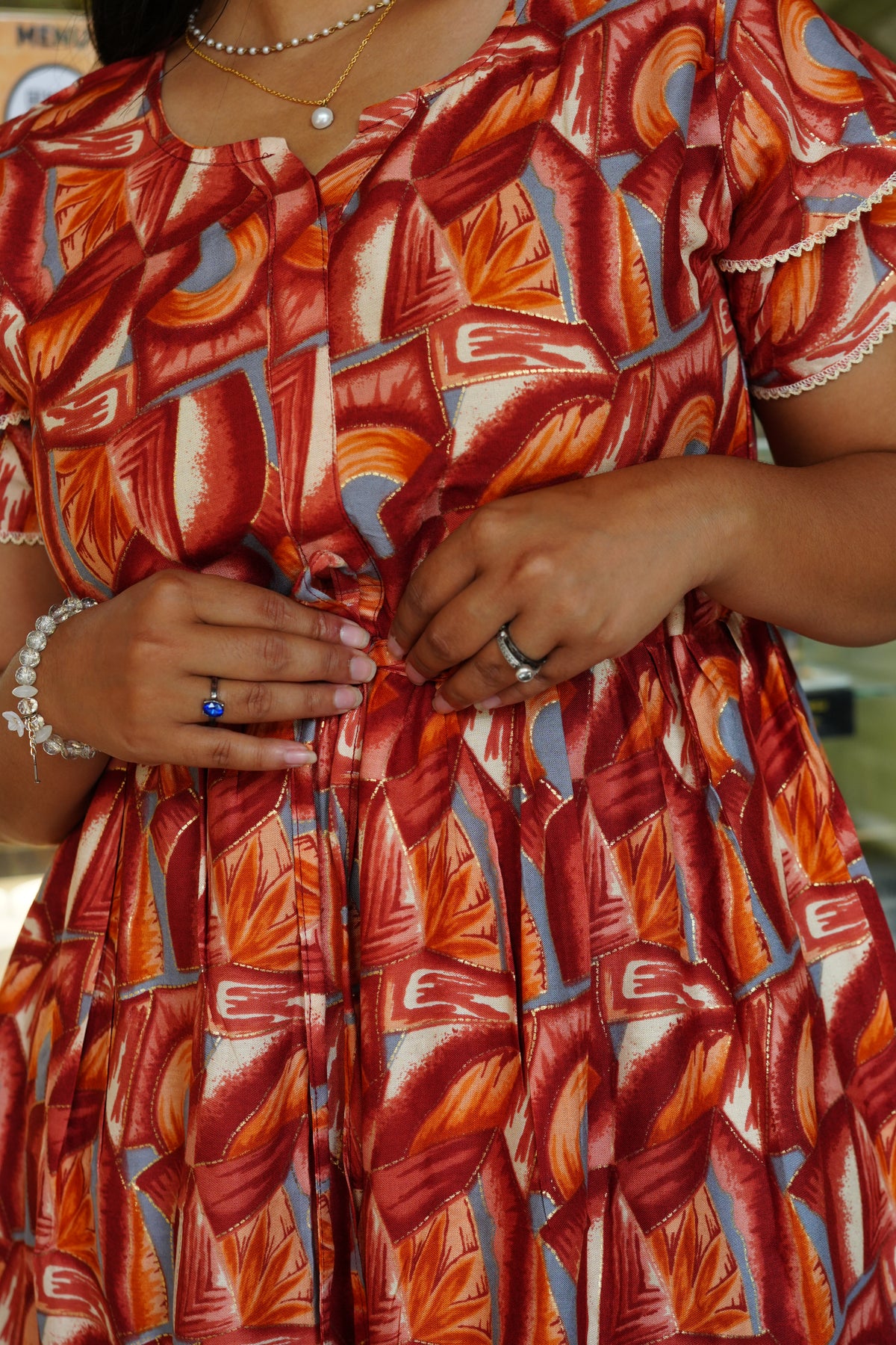 Azure Geometric Rayon Foil Maxi Frock – Double Layer Frill Sleeve Summer Dress with Adjustable Drawstring Waist & Pockets - Lightweight Breathable Fabric Stylish MAXI Frock