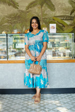 Mustard & Slate Grey Bold Botanical Rayon Foil Maxi Frock – Designer Puff Sleeve Tiered Dress with Adjustable Waist & Pockets