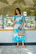 Mustard & Slate Grey Bold Botanical Rayon Foil Maxi Frock – Designer Puff Sleeve Tiered Dress with Adjustable Waist & Pockets