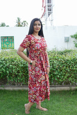 Rayon Colourful Foil Printing Gathering Frock Model Nighties | Side Pocket and Gathering Front Rope | Fancy Sleeve & Maxi Frock Nightwear for Stylish Women's (FGF)