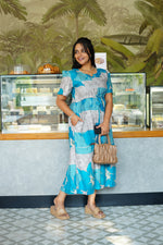 Mustard & Slate Grey Bold Botanical Rayon Foil Maxi Frock – Designer Puff Sleeve Tiered Dress with Adjustable Waist & Pockets