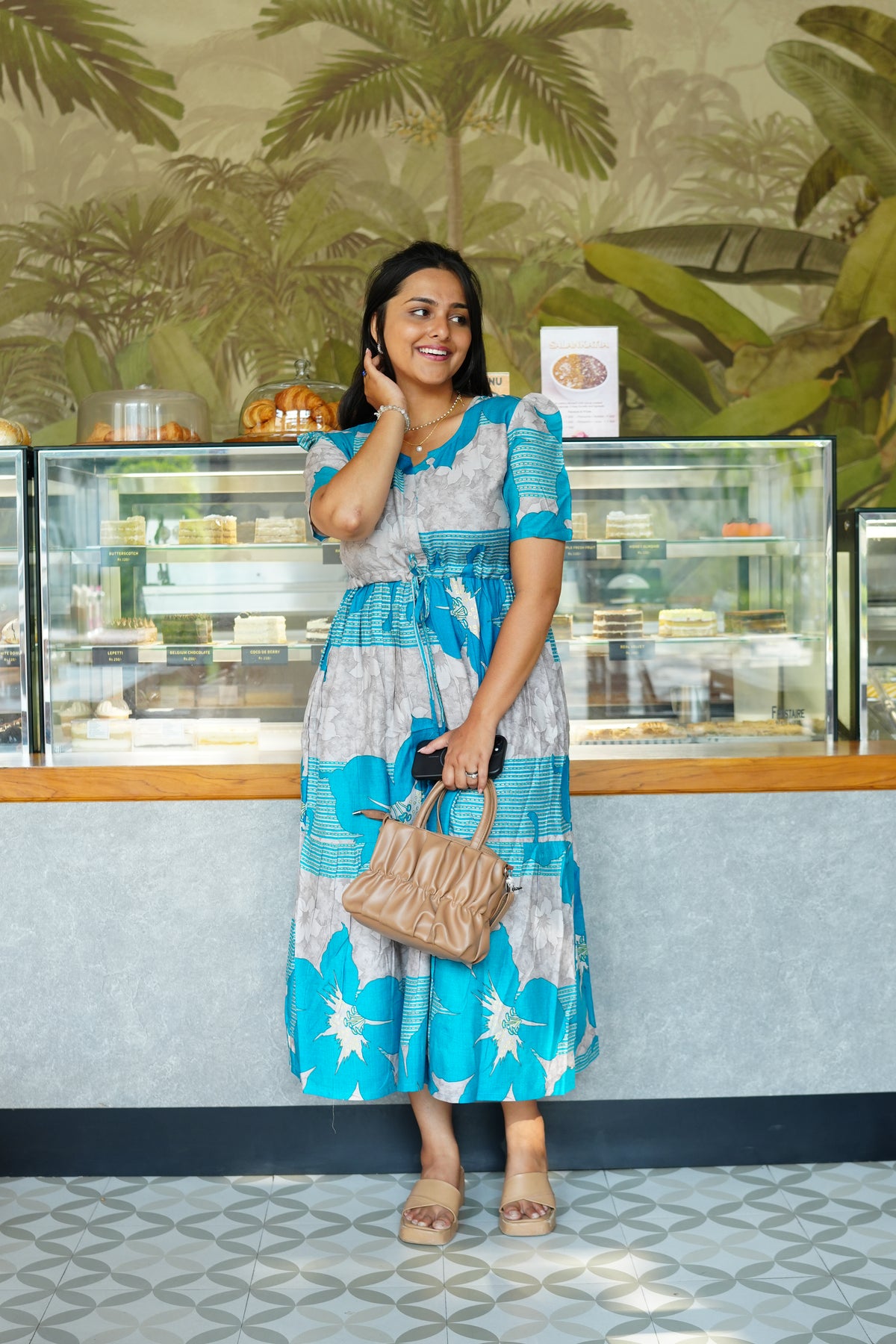 Mustard & Slate Grey Bold Botanical Rayon Foil Maxi Frock – Designer Puff Sleeve Tiered Dress with Adjustable Waist & Pockets