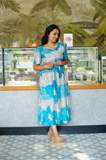 Mustard & Slate Grey Bold Botanical Rayon Foil Maxi Frock – Designer Puff Sleeve Tiered Dress with Adjustable Waist & Pockets