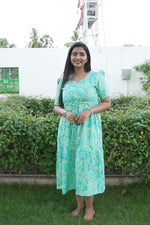 Rayon Colourful Foil Printing Gathering Frock Model Nighties | Side Pocket and Gathering Front Rope | Fancy Sleeve & Maxi Frock Nightwear for Stylish Women's (FGF)