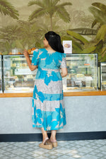 Mustard & Slate Grey Bold Botanical Rayon Foil Maxi Frock – Designer Puff Sleeve Tiered Dress with Adjustable Waist & Pockets