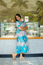 Mustard & Slate Grey Bold Botanical Rayon Foil Maxi Frock – Designer Puff Sleeve Tiered Dress with Adjustable Waist & Pockets