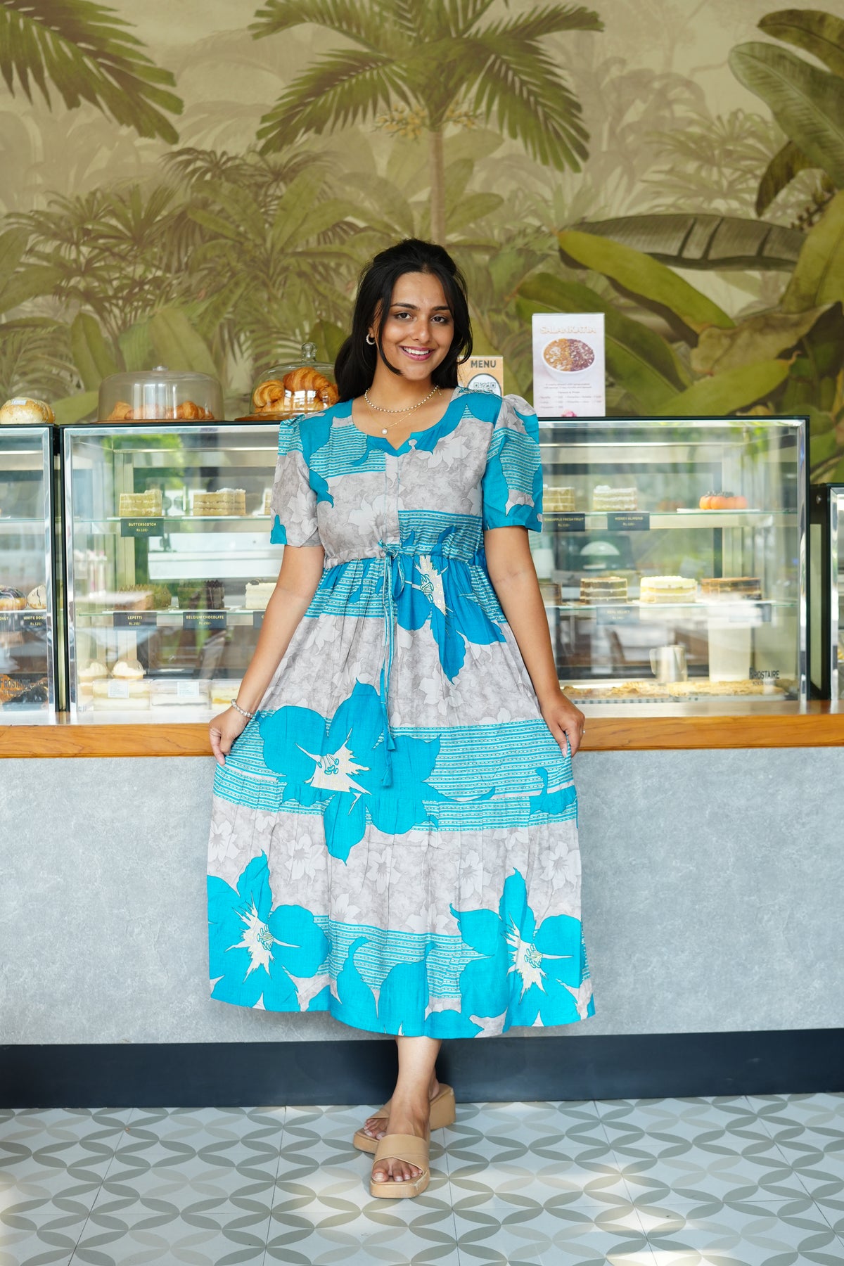 Mustard & Slate Grey Bold Botanical Rayon Foil Maxi Frock – Designer Puff Sleeve Tiered Dress with Adjustable Waist & Pockets