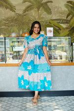 Mustard & Slate Grey Bold Botanical Rayon Foil Maxi Frock – Designer Puff Sleeve Tiered Dress with Adjustable Waist & Pockets