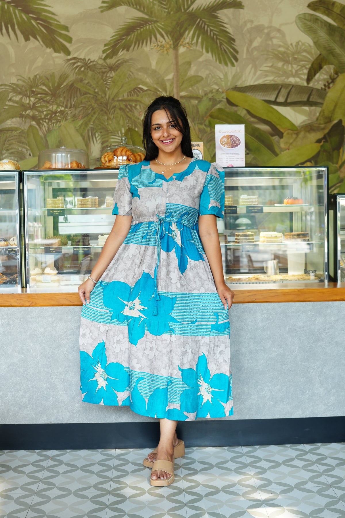 Mustard & Slate Grey Bold Botanical Rayon Foil Maxi Frock – Designer Puff Sleeve Tiered Dress with Adjustable Waist & Pockets