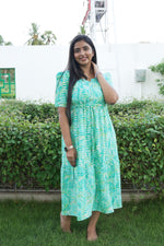 Rayon Colourful Foil Printing Gathering Frock Model Nighties | Side Pocket and Gathering Front Rope | Fancy Sleeve & Maxi Frock Nightwear for Stylish Women's (FGF)