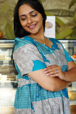 Mustard & Slate Grey Bold Botanical Rayon Foil Maxi Frock – Designer Puff Sleeve Tiered Dress with Adjustable Waist & Pockets