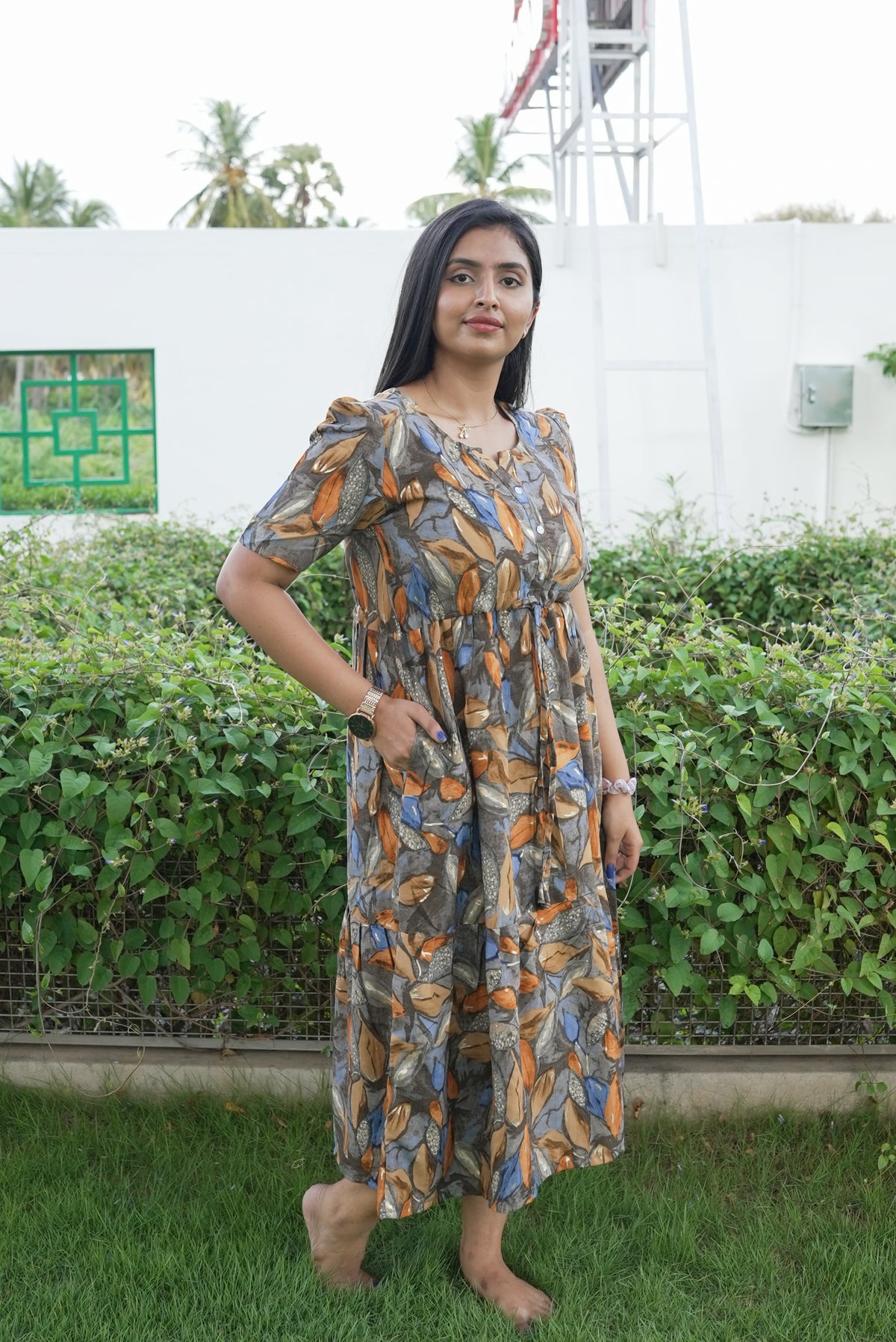 Rayon Colourful Foil Printing Gathering Frock Model Nighties | Side Pocket and Gathering Front Rope | Fancy Sleeve & Maxi Frock Nightwear for Stylish Women's (FGF)