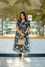 Midnight Plum Floral Rayon Foil Maxi Frock – Elegant Puff Sleeve Tiered Summer Dress with Adjustable Waist Tie & Pockets