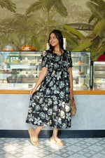 Midnight Plum Floral Rayon Foil Maxi Frock – Elegant Puff Sleeve Tiered Summer Dress with Adjustable Waist Tie & Pockets