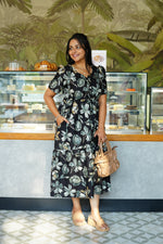 Midnight Plum Floral Rayon Foil Maxi Frock – Elegant Puff Sleeve Tiered Summer Dress with Adjustable Waist Tie & Pockets