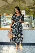 Midnight Plum Floral Rayon Foil Maxi Frock – Elegant Puff Sleeve Tiered Summer Dress with Adjustable Waist Tie & Pockets