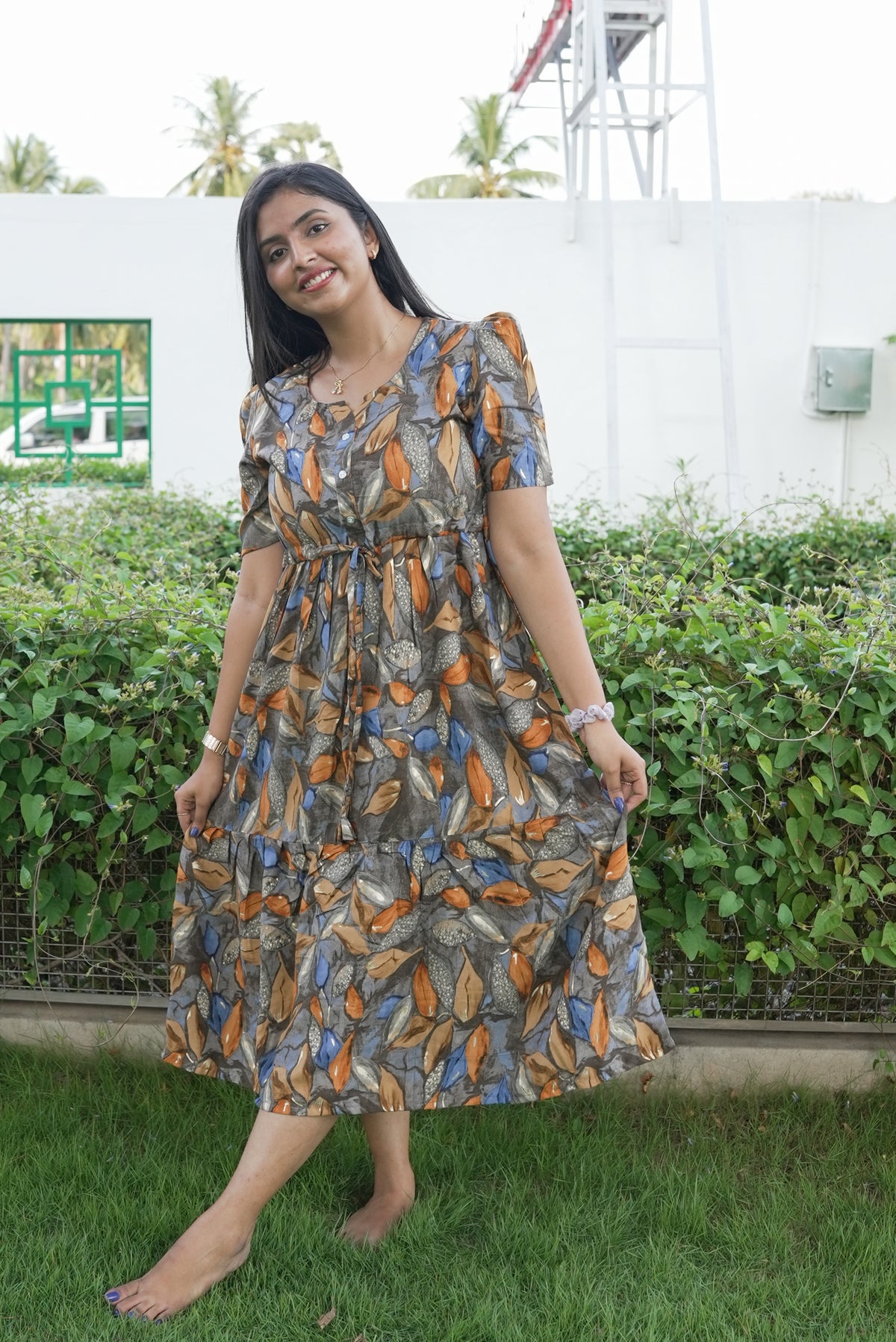 Rayon Colourful Foil Printing Gathering Frock Model Nighties | Side Pocket and Gathering Front Rope | Fancy Sleeve & Maxi Frock Nightwear for Stylish Women's (FGF)