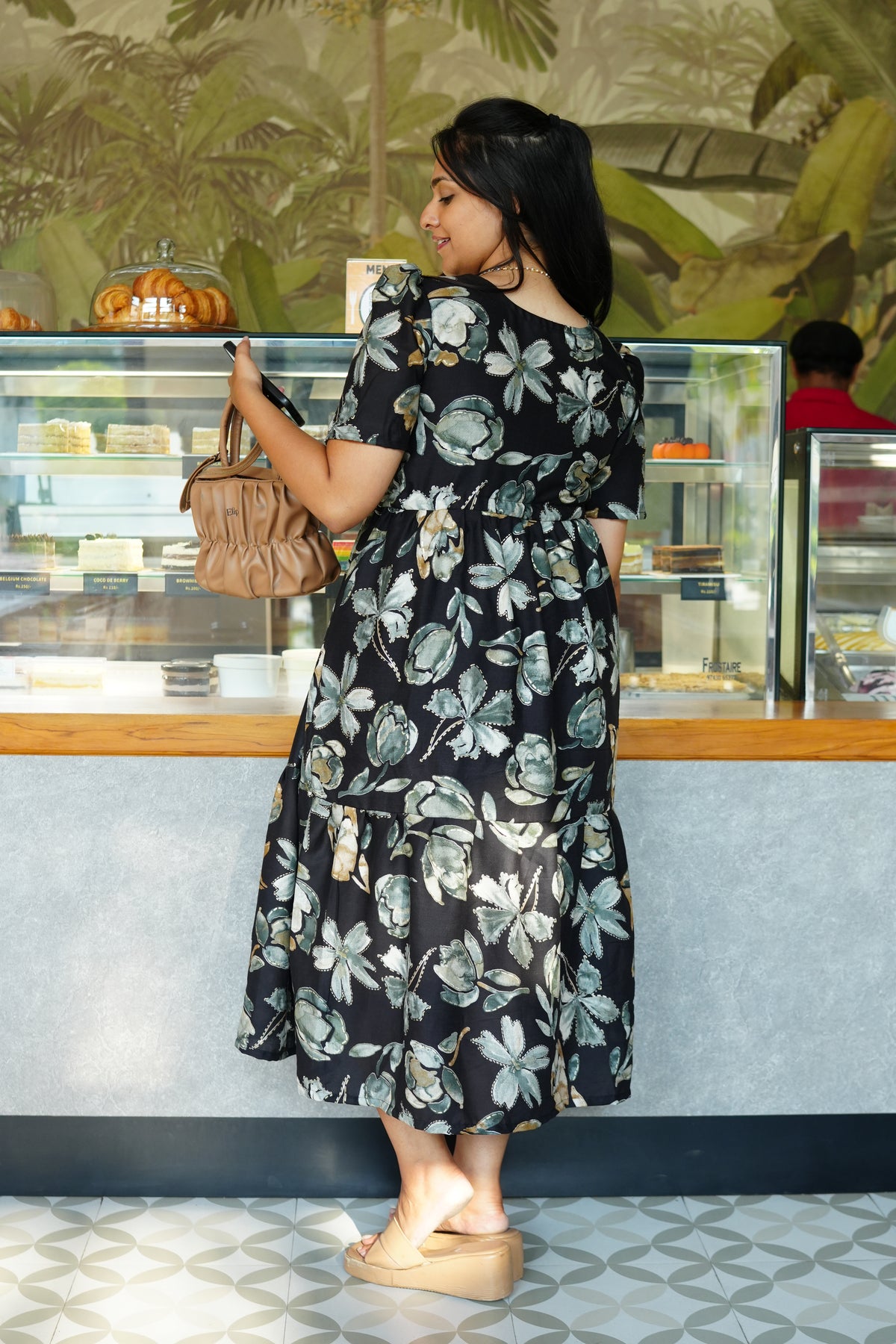 Midnight Plum Floral Rayon Foil Maxi Frock – Elegant Puff Sleeve Tiered Summer Dress with Adjustable Waist Tie & Pockets