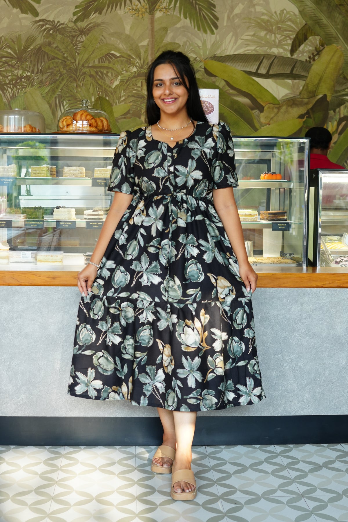 Midnight Plum Floral Rayon Foil Maxi Frock – Elegant Puff Sleeve Tiered Summer Dress with Adjustable Waist Tie & Pockets