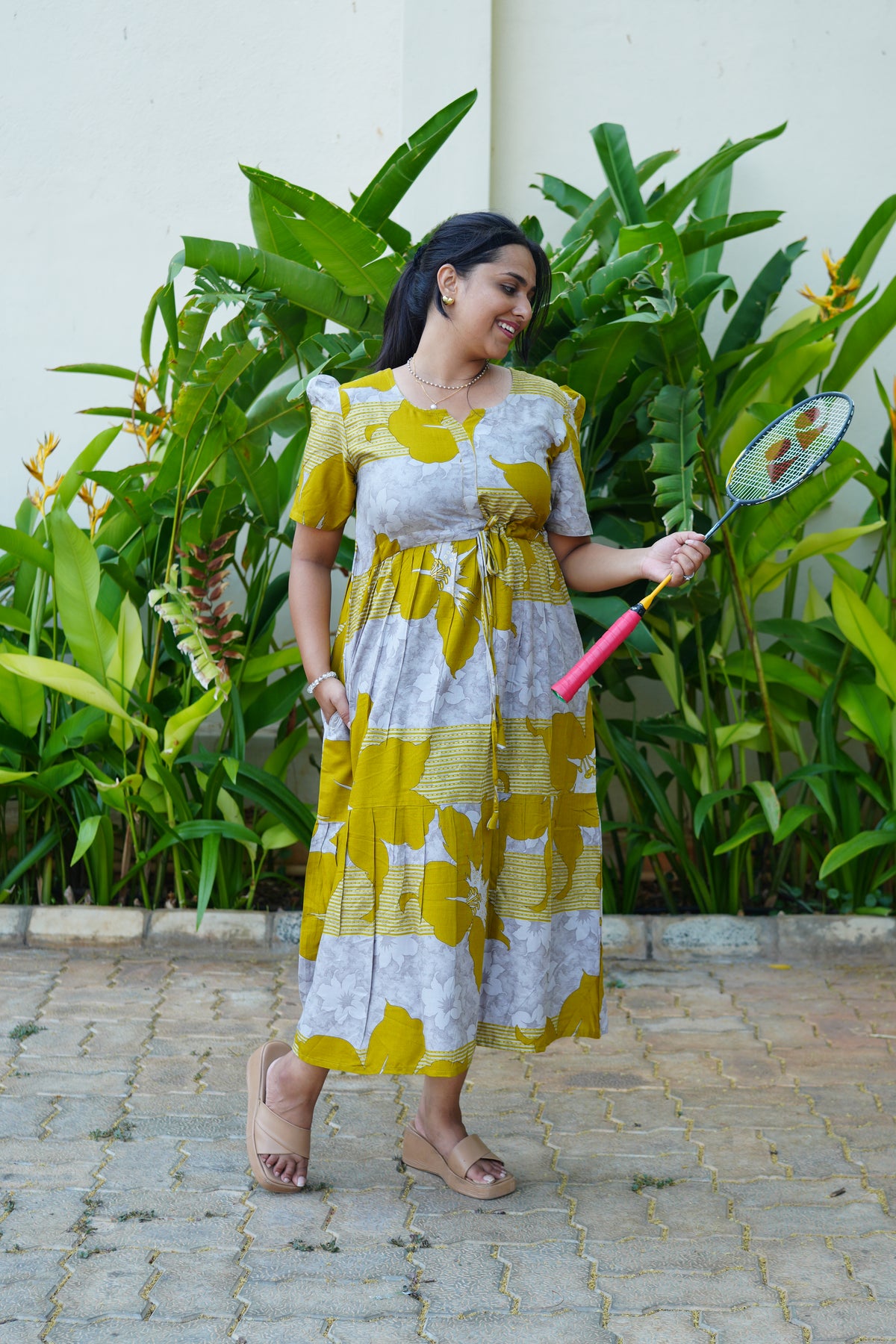 Mustard & Slate Grey Bold Botanical Rayon Foil Maxi Frock – Designer Puff Sleeve Tiered Dress with Adjustable Waist & Pockets