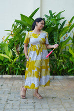 Mustard & Slate Grey Bold Botanical Rayon Foil Maxi Frock – Designer Puff Sleeve Tiered Dress with Adjustable Waist & Pockets