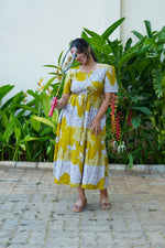 Mustard & Slate Grey Bold Botanical Rayon Foil Maxi Frock – Designer Puff Sleeve Tiered Dress with Adjustable Waist & Pockets