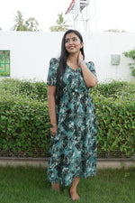 Rayon Colourful Foil Printing Gathering Frock Model Nighties | Side Pocket and Gathering Front Rope | Fancy Sleeve & Maxi Frock Nightwear for Stylish Women's (FGF)