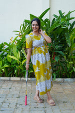 Mustard & Slate Grey Bold Botanical Rayon Foil Maxi Frock – Designer Puff Sleeve Tiered Dress with Adjustable Waist & Pockets