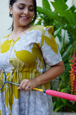 Mustard & Slate Grey Bold Botanical Rayon Foil Maxi Frock – Designer Puff Sleeve Tiered Dress with Adjustable Waist & Pockets