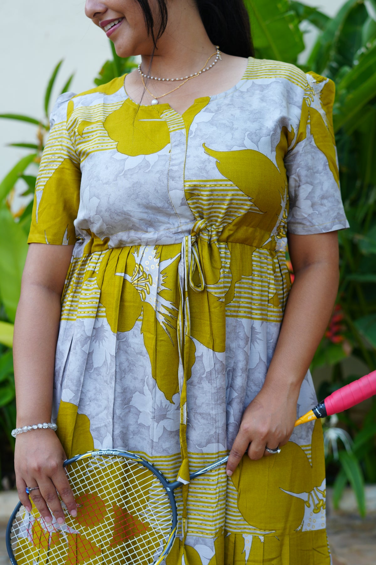 Mustard & Slate Grey Bold Botanical Rayon Foil Maxi Frock – Designer Puff Sleeve Tiered Dress with Adjustable Waist & Pockets