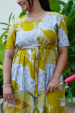 Mustard & Slate Grey Bold Botanical Rayon Foil Maxi Frock – Designer Puff Sleeve Tiered Dress with Adjustable Waist & Pockets