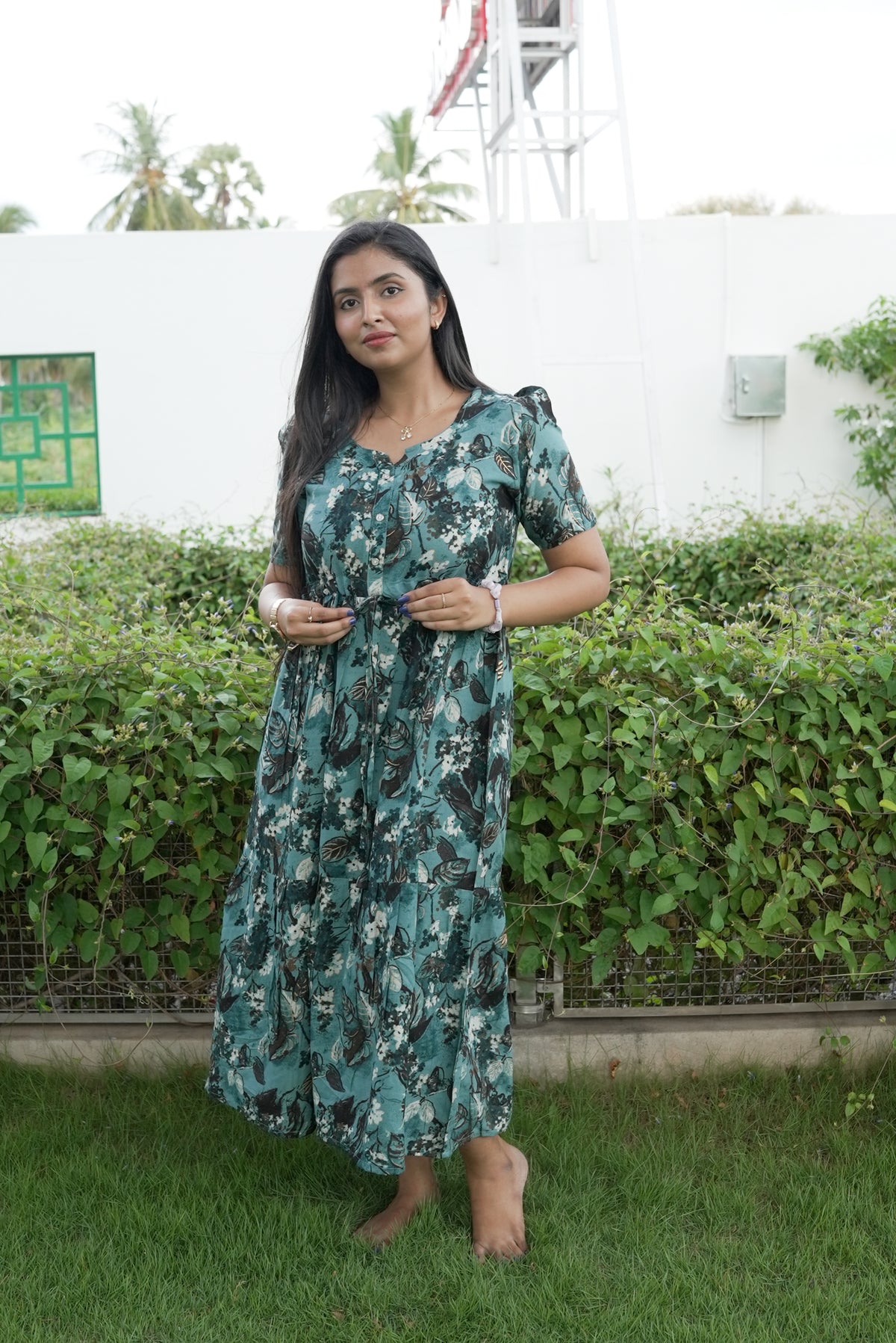 Rayon Colourful Foil Printing Gathering Frock Model Nighties | Side Pocket and Gathering Front Rope | Fancy Sleeve & Maxi Frock Nightwear for Stylish Women's (FGF)