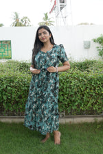 Rayon Colourful Foil Printing Gathering Frock Model Nighties | Side Pocket and Gathering Front Rope | Fancy Sleeve & Maxi Frock Nightwear for Stylish Women's (FGF)