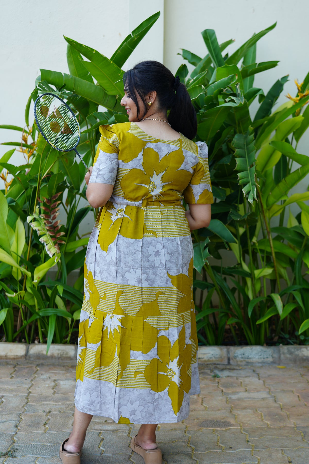 Mustard & Slate Grey Bold Botanical Rayon Foil Maxi Frock – Designer Puff Sleeve Tiered Dress with Adjustable Waist & Pockets