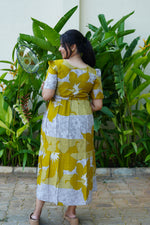 Mustard & Slate Grey Bold Botanical Rayon Foil Maxi Frock – Designer Puff Sleeve Tiered Dress with Adjustable Waist & Pockets