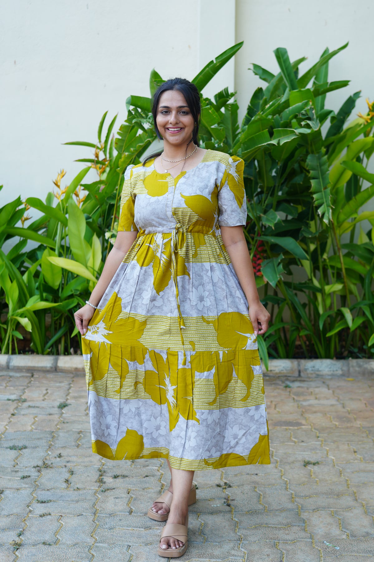 Mustard & Slate Grey Bold Botanical Rayon Foil Maxi Frock – Designer Puff Sleeve Tiered Dress with Adjustable Waist & Pockets