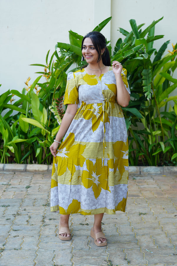 Mustard & Slate Grey Bold Botanical Rayon Foil Maxi Frock – Designer Puff Sleeve Tiered Dress with Adjustable Waist & Pockets