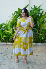 Mustard & Slate Grey Bold Botanical Rayon Foil Maxi Frock – Designer Puff Sleeve Tiered Dress with Adjustable Waist & Pockets