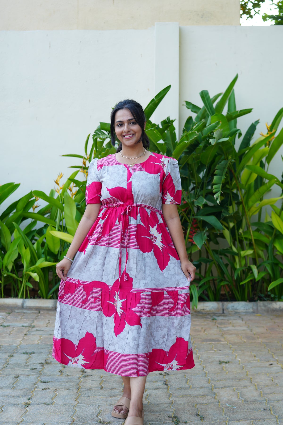 Mustard & Slate Grey Bold Botanical Rayon Foil Maxi Frock – Designer Puff Sleeve Tiered Dress with Adjustable Waist & Pockets