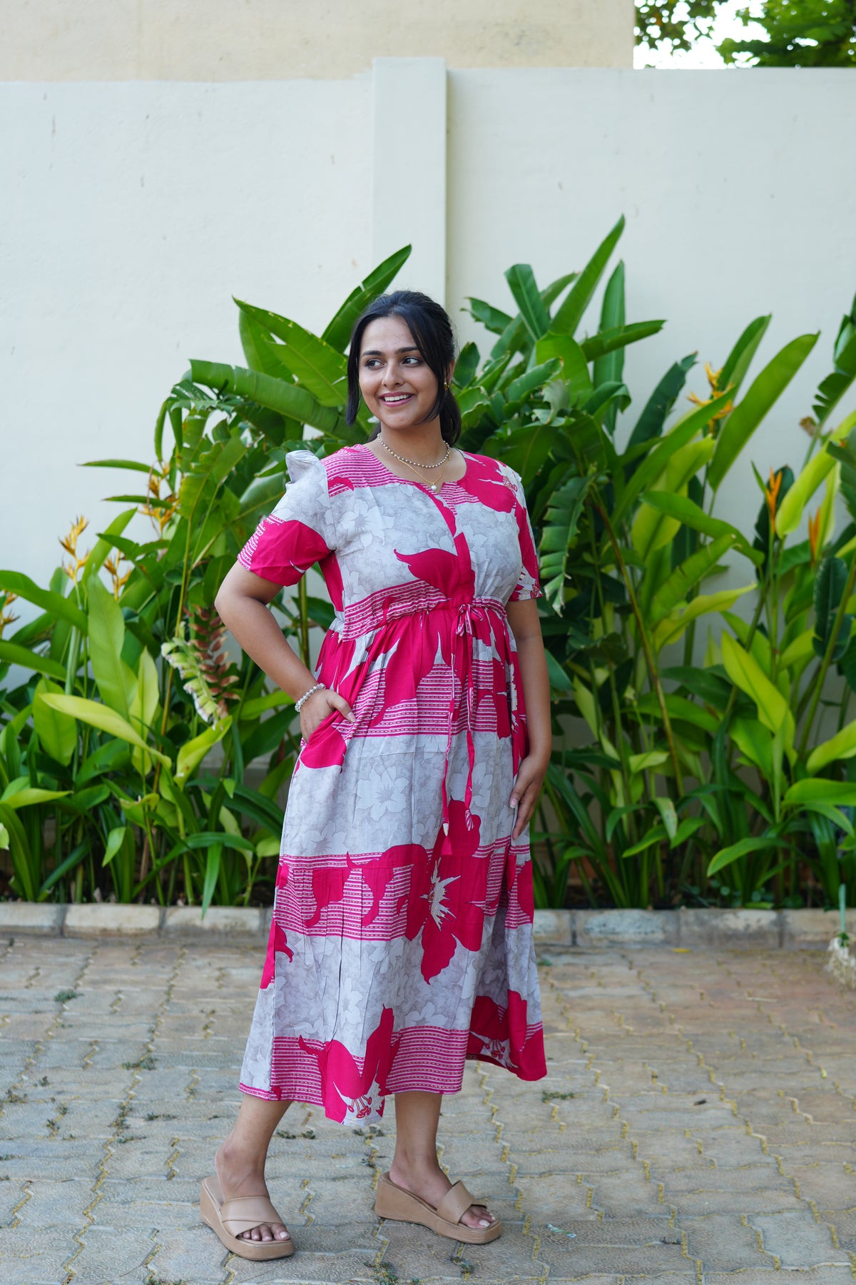 Mustard & Slate Grey Bold Botanical Rayon Foil Maxi Frock – Designer Puff Sleeve Tiered Dress with Adjustable Waist & Pockets