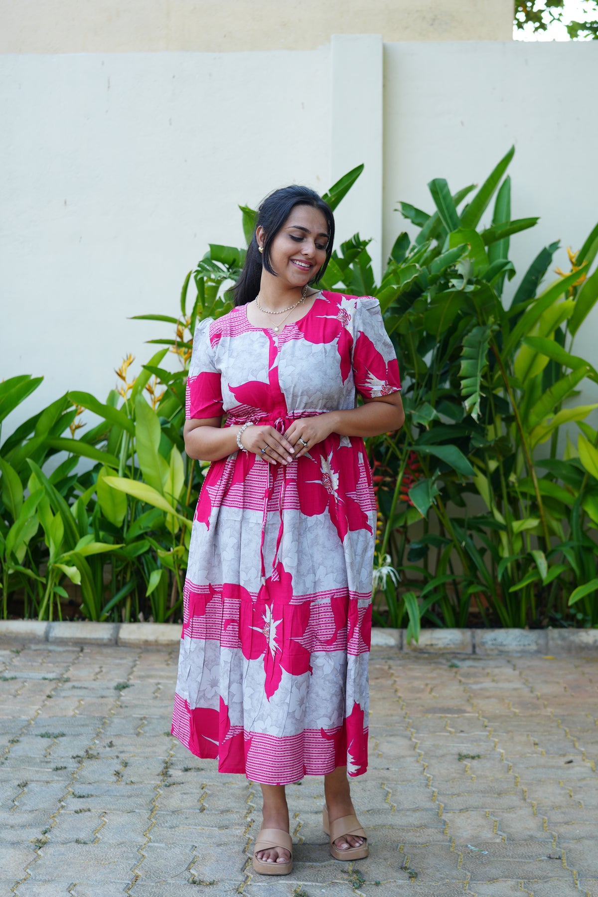 Mustard & Slate Grey Bold Botanical Rayon Foil Maxi Frock – Designer Puff Sleeve Tiered Dress with Adjustable Waist & Pockets