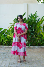 Mustard & Slate Grey Bold Botanical Rayon Foil Maxi Frock – Designer Puff Sleeve Tiered Dress with Adjustable Waist & Pockets