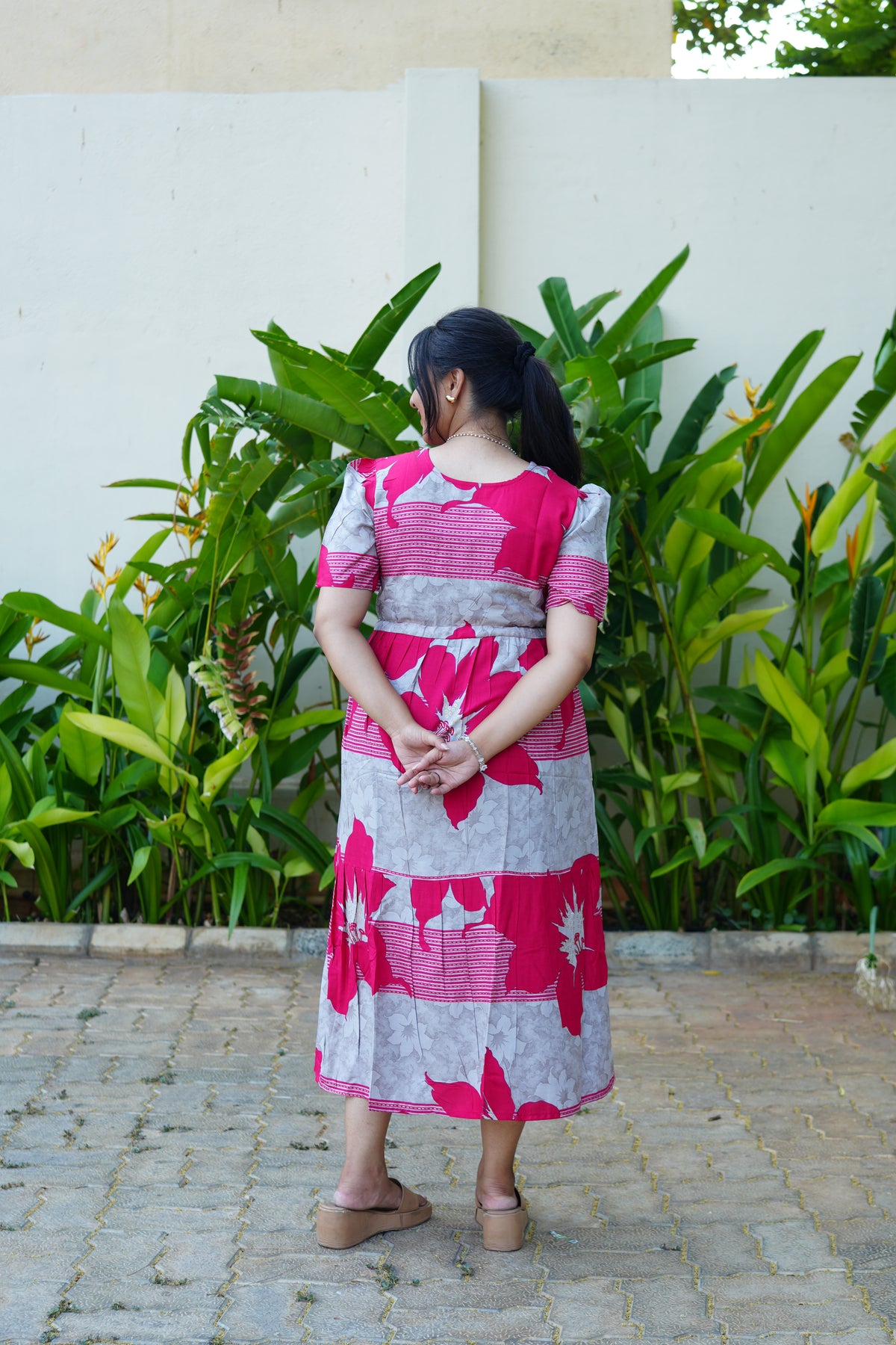 Mustard & Slate Grey Bold Botanical Rayon Foil Maxi Frock – Designer Puff Sleeve Tiered Dress with Adjustable Waist & Pockets