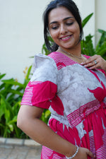 Mustard & Slate Grey Bold Botanical Rayon Foil Maxi Frock – Designer Puff Sleeve Tiered Dress with Adjustable Waist & Pockets