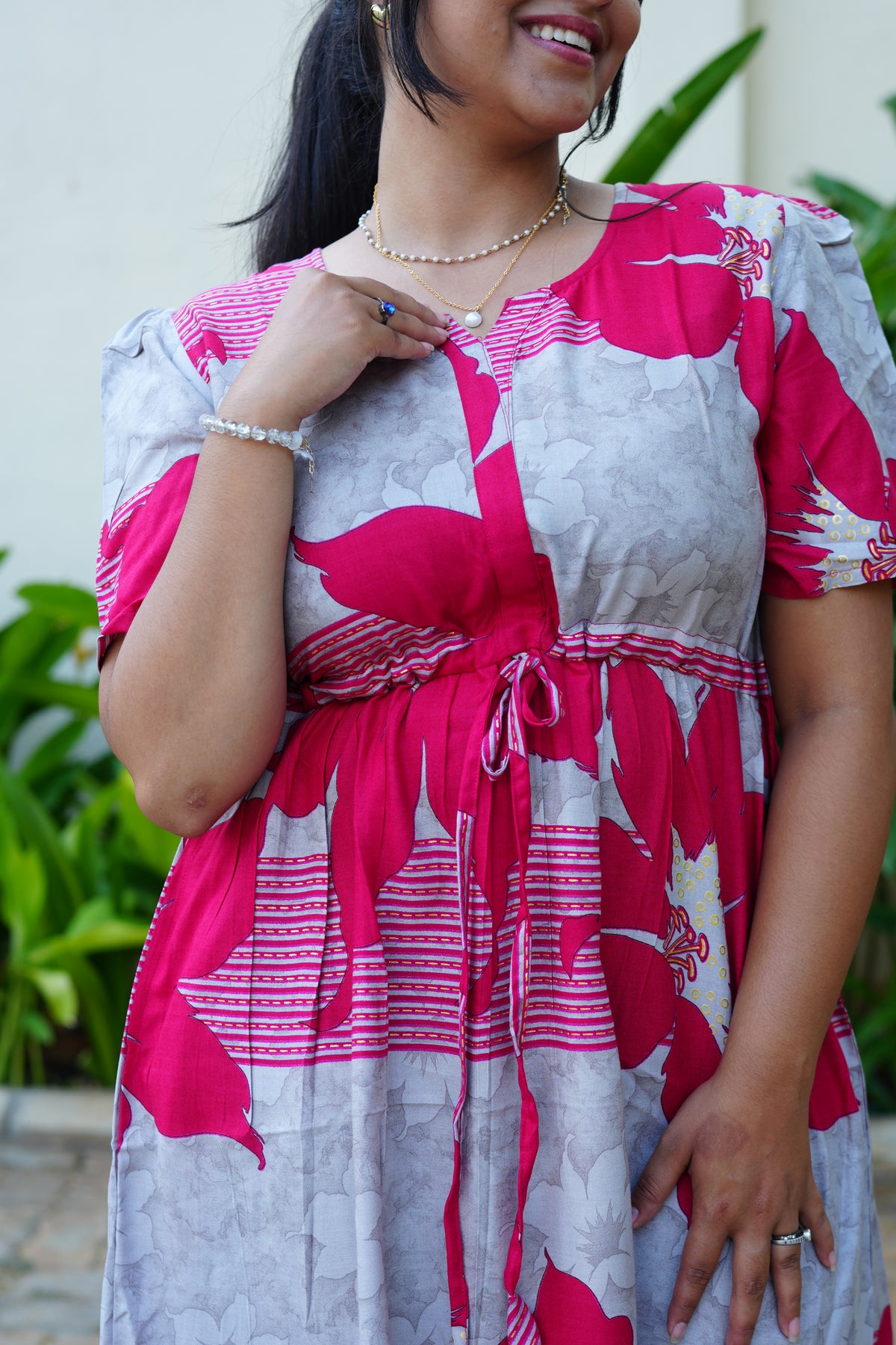 Mustard & Slate Grey Bold Botanical Rayon Foil Maxi Frock – Designer Puff Sleeve Tiered Dress with Adjustable Waist & Pockets