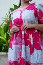 Mustard & Slate Grey Bold Botanical Rayon Foil Maxi Frock – Designer Puff Sleeve Tiered Dress with Adjustable Waist & Pockets