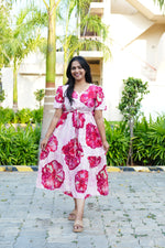 Sky Teal Bold Floral Rayon Foil Maxi Frock – Puff Sleeve Tiered Summer Dress with Adjustable Front Tie & Side Pockets