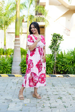 Sky Teal Bold Floral Rayon Foil Maxi Frock – Puff Sleeve Tiered Summer Dress with Adjustable Front Tie & Side Pockets